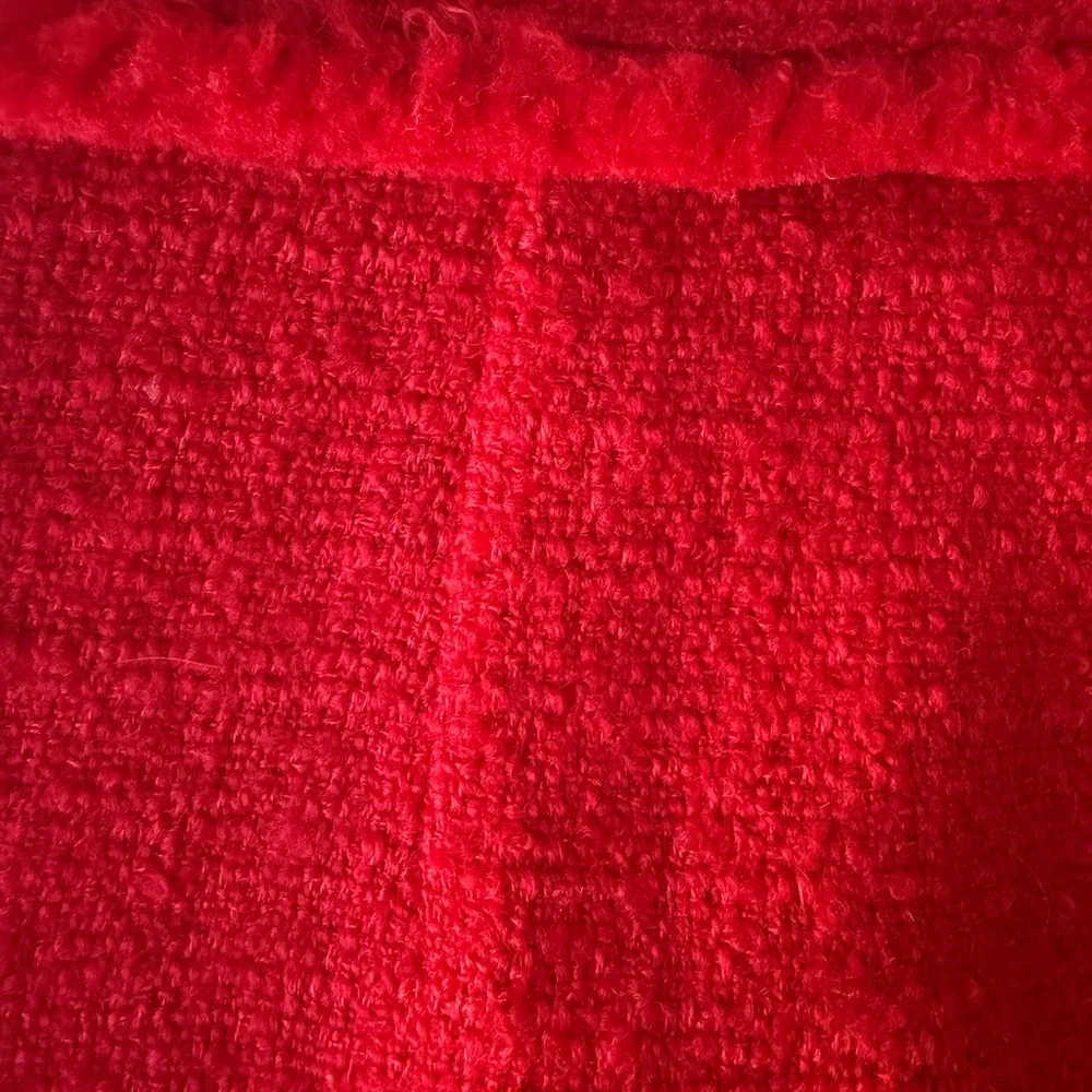J.Crew Red Tweed Mini Skirt Gold Button Pockets Fringe Trim Classic Parisian - Picture 10 of 15